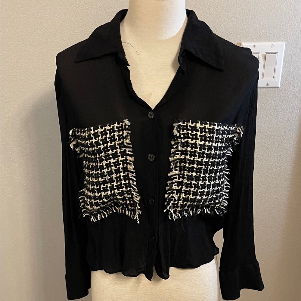 Zara Black Crop Top with White Fringe Details